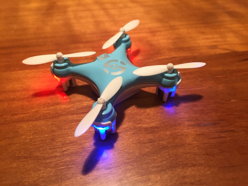 The blue LED lights are found on the front side of the drone, whilst the red indicates the rear. The charging port is also at the rear of the drone.